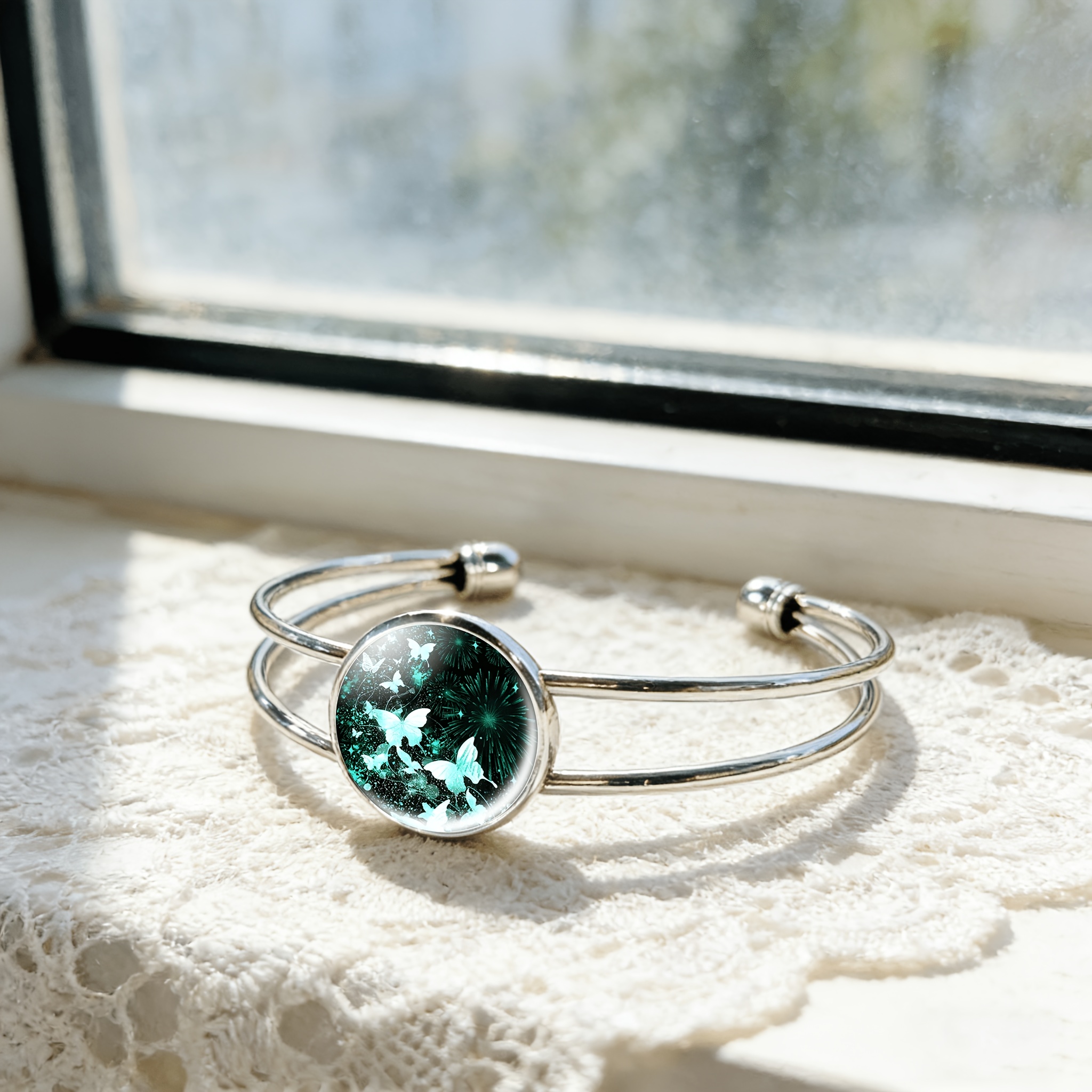 Women's Adjustable Open Bangle with Blue Firework Night Sky Design